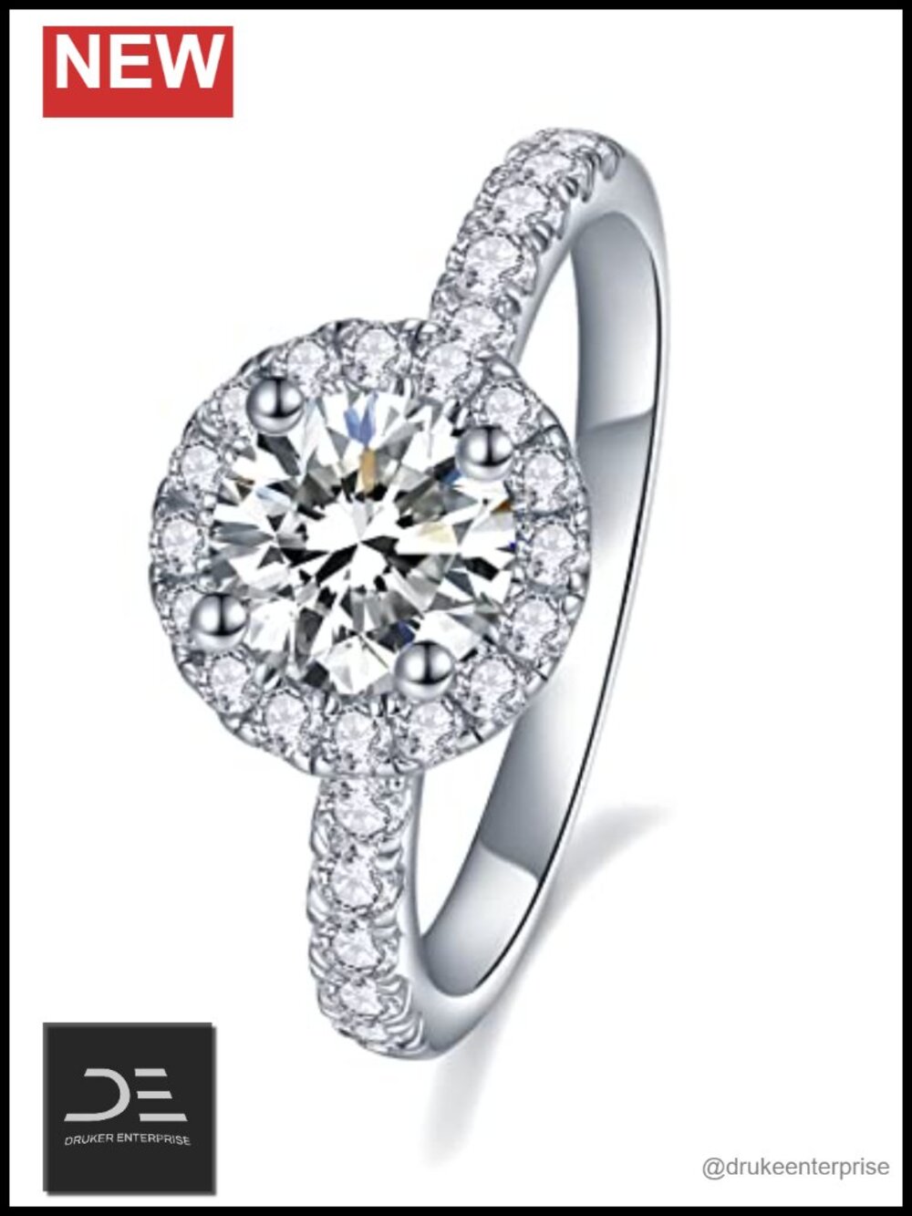 Moissanite Halo Engagement Ring - Sterling Silver Plated 18K White Gold, 1.64ct